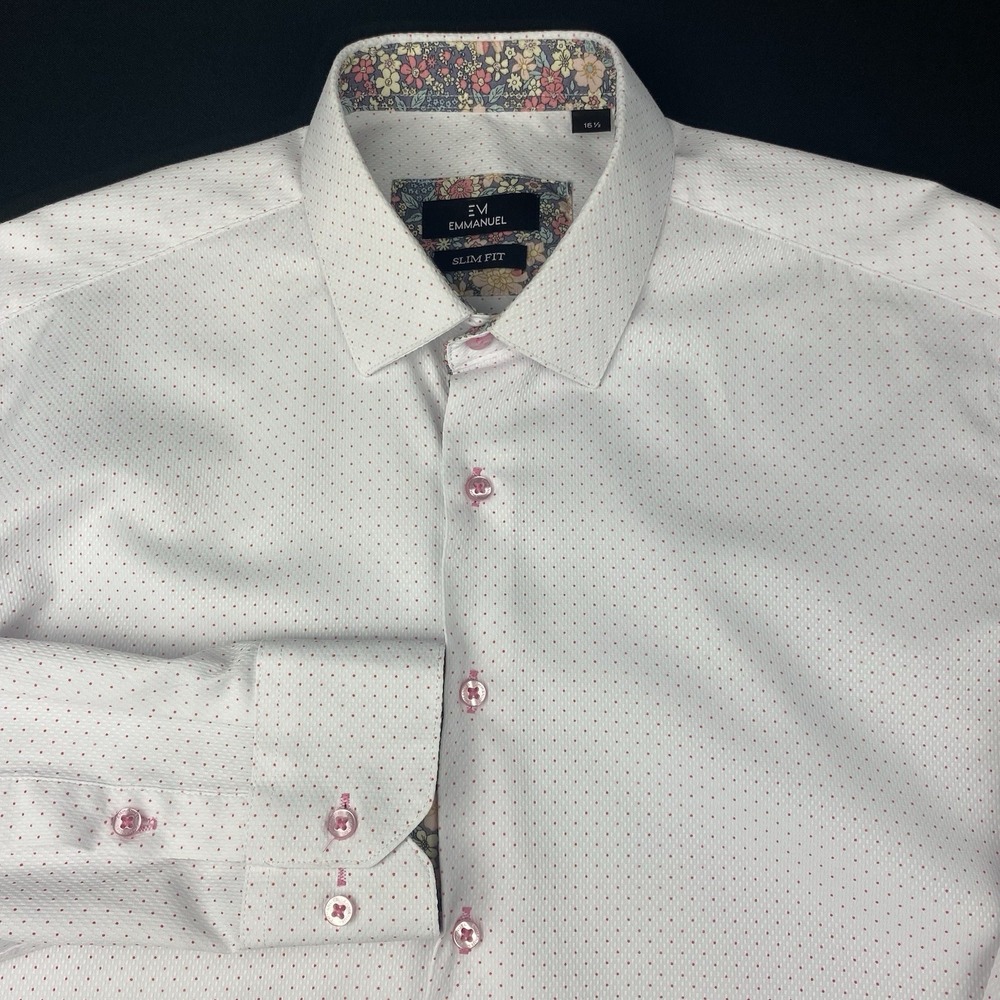 EMMANUEL Shirt Men's 16.5 White with Pink Dots Slim Fit Contrasting Trim